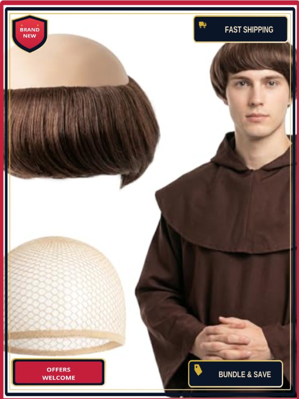 Mens Monk Bald Wig Synthetic Halloween Cosplay Costume Adult One Size